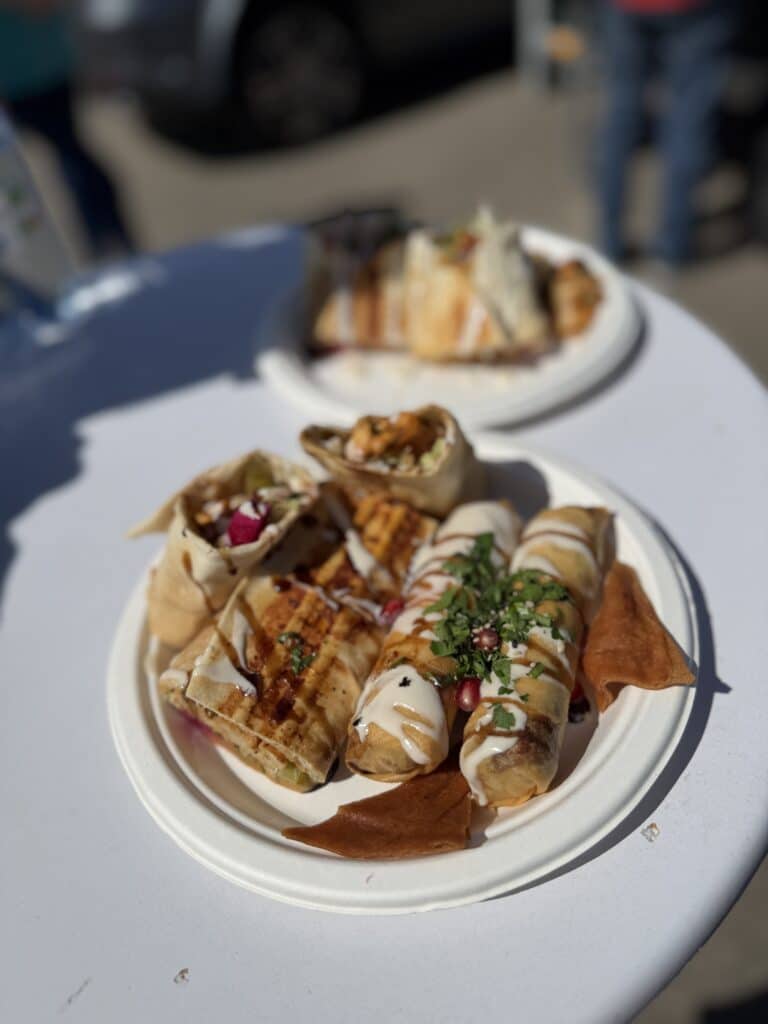 Ein Teller mit dem Mittagstisch von Fatima mit Shawarma, Börek und verschiendenen Beilagen angerichtet